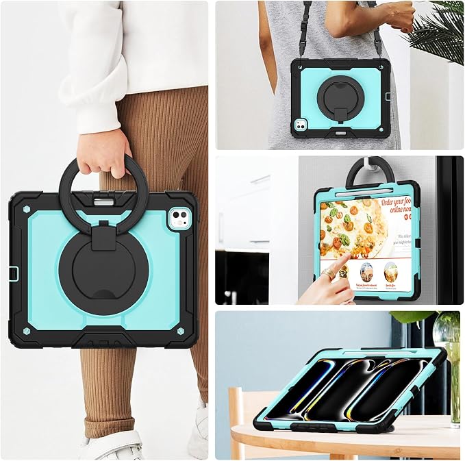 for iPad Pro 11 inch Protective Case M5 2025/M4 2024: Heavy Duty Shockproof Case with Pencil Holder - 360°Rotating Handle/Stand - Screen Protector - Shoulder Strap Black/Sky Blue