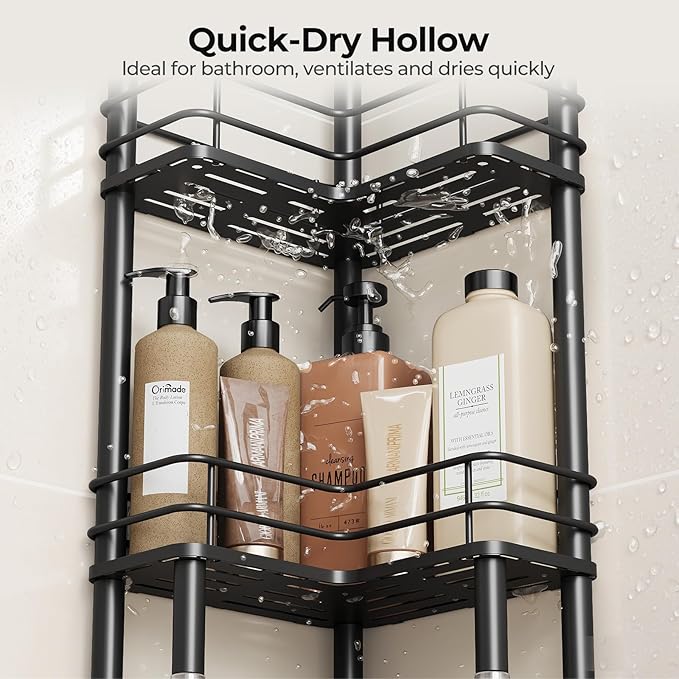 Orimade Rustproof 4 Tier Floor Standing Corner Shower Caddy Organizer with Toothbrush Holder, Large Spacing Floor Shower Shelf Rack Storage Stands with Hooks for Bathroom Kitchen, Black