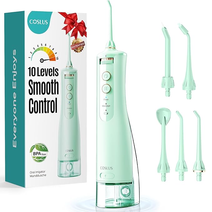 COSLUS Portable Water Flosser for Teeth: 10 Pressure Settings Professional Water Dental Pick for Orthodontic, Braces & Sensitive Gums - Cordless for Travel Use, for Adults Teens, BPA-Free, E40