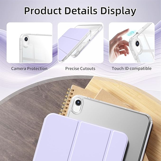 Detachable Case for iPad A16 11th Gen 11/10th Gen 10.9 Black | Slim Transparent Shell Back Soft Shockproof TPU Frame Without Pencil Holder Auto Sleep/Wake
