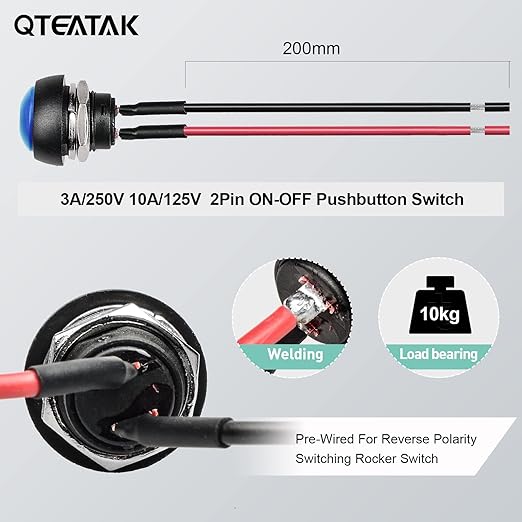QTEATAK 1/2"(12mm) Pre-Wired Mounting Hole On/Off Blue Mini Round Waterproof Momentary Push Button Switch JF-33B -2Pack