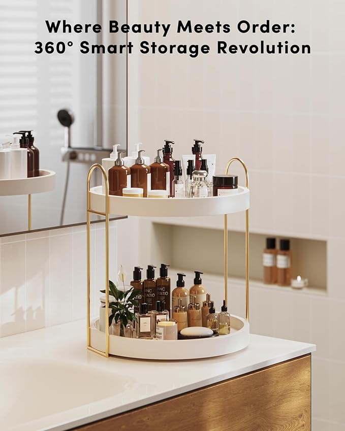 Onlysky Bathroom Counter Organizer,Make Organizer for Vanity, Wood Perfume Skincare Oraganziers, Gold Bathroom Accessories