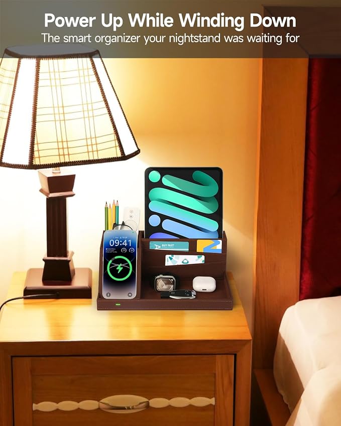 Fast Wireless Charging Station with Desk Organizer for iPhone 17/16/15/15 Pro/14/14 Pro Max/14 Pro/14 Plus/13/13 Pro Max/13 Pro/and iPhone 12/11 Series Nightstand Desktop Organizer for Home Office