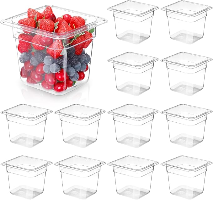 CAZACHEF 12-Pack NSF Polycarbonate Food Pans, 1/6 Size 6" Deep Commercial Food Storage Containers, Clear Plastic Steam Table & Prep Pans for Buffet, Salad Bar, Restaurant, Dishwasher & Freezer Safe