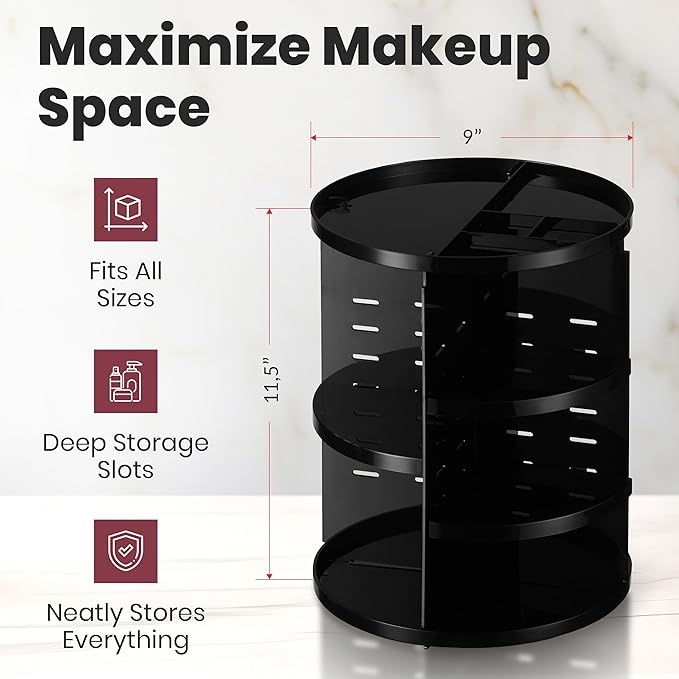 360 Rotating Makeup Organizer - Adjustable Shelf Height and Fully Rotatable. The Perfect Cosmetic Organizer for Bedroom Dresser or Vanity Countertop. (Black)