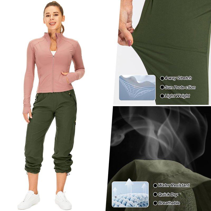 Womens Hiking Pants Quick Dry UPF 50 Lightweight Travel Golf Cargo Safari Pants Zipper Pockets,6608,Army,Petite L