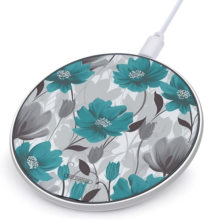 Teal Grey and White Floral1 Wireless Charger Fast Charging Pad | Anti-Slip Qi Certified Wireless Charging Pad for All Phones with Wireless Charging Function for Home Office Travel