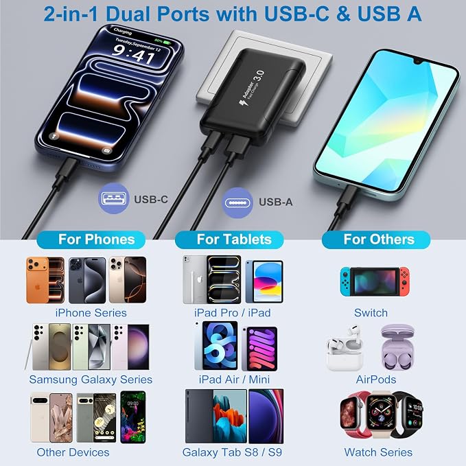 Flat USB C Wall Charger Costyle 2 Pack 50W Slim USB A and USB C Power Adapter Plug PD+QC 3.0 Fast Charging Block with Foldable Outlet Plug for Galaxy A16 A14 A03S A05iPhone 16 15(Black)