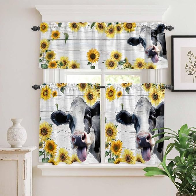 Kitchen Curtains Tiers and Valance Set of 3, Cow Sunflowers Light Filtering