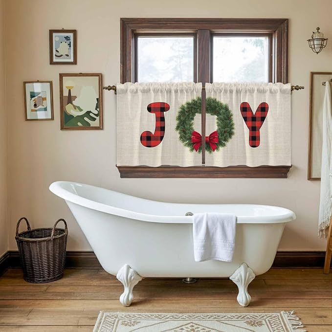 Red Green Christmas Kitchen Tier Curtains 24 Inch Long 2 Panel Set, Rod Pocket