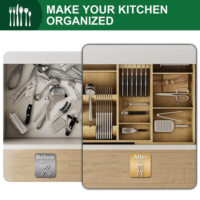Landmok Bamboo Silverware Drawer Organizer, 17.72-29.53 Inch Expandable Large Kitchen Drawer Organizer, 5-8 Slot Flatware with Removable Card Slots & Knife Block for Spoon Butter Knive, Natural