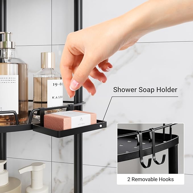 ELYKEN Corner Shower Caddy Standing, 4 Tier Rustproof Metal Shower Organizer with Soap Holder, Floor Shower Corner Shelf Rack Storage Stands with Adjustable Feet & 2 Hooks for Bathroom, Black