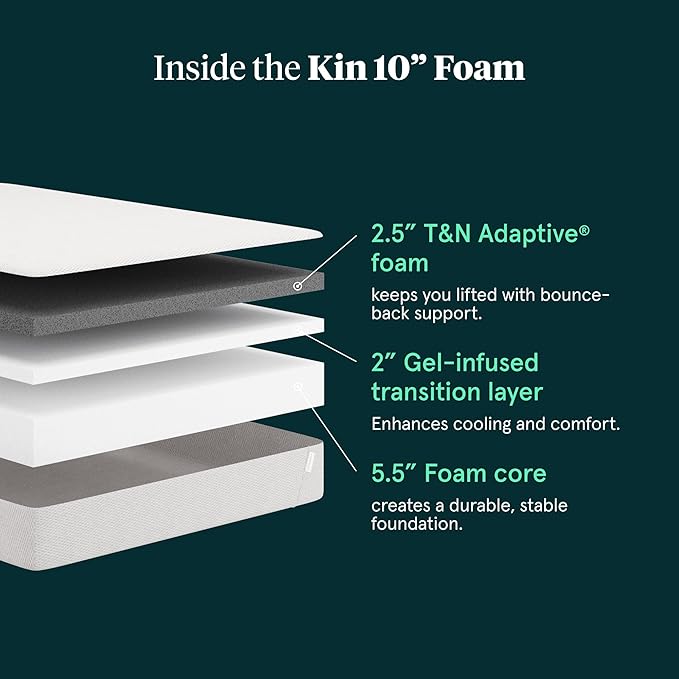 Kin By Tuft & Needle Medium Firm 10" Twin Adaptive Foam Mattress in a Box, Cooling Pressure Relief, Balanced Support, 100 Night Trial, Fiberglass-Free, CertiPUR-US, 10-Year Limited Warranty