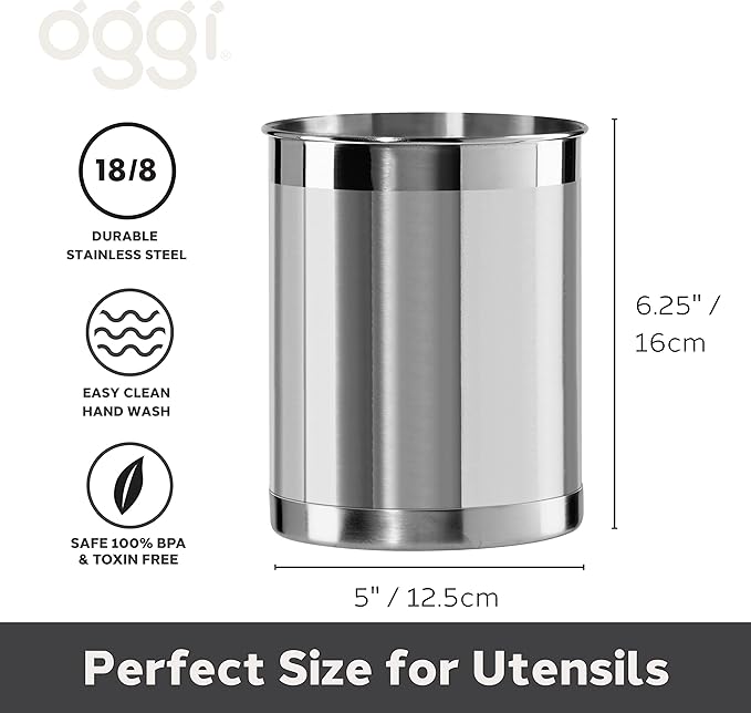 Oggi Stainless Steel Utensil Holder - 5" Diameter, Utensil Caddy, Weighted Base for Stability - Larger-Sized Utensil Crock and Countertop Utensil Organizer, Stainless Steel
