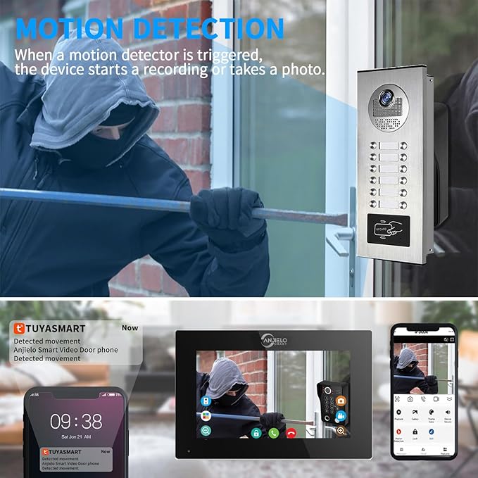 Wired Apartment Video Intercom System,1080P HD Video Doorbell, Compatible with 12 Units 7-inch Touchscreen,Supports Motion Detection,Two-Way Audio,Tuya Smart Home