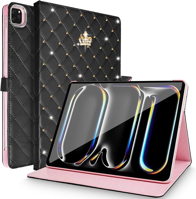 for iPad Pro 11Inch Case M5/M4 2025/2024 (6th/5th Generation)Cute Crown Bling Rhinestone Girly Elegant PU Leather Smart Auto Sleep/Wake Stand Protective Case for iPad Pro 11 2024/2025Black