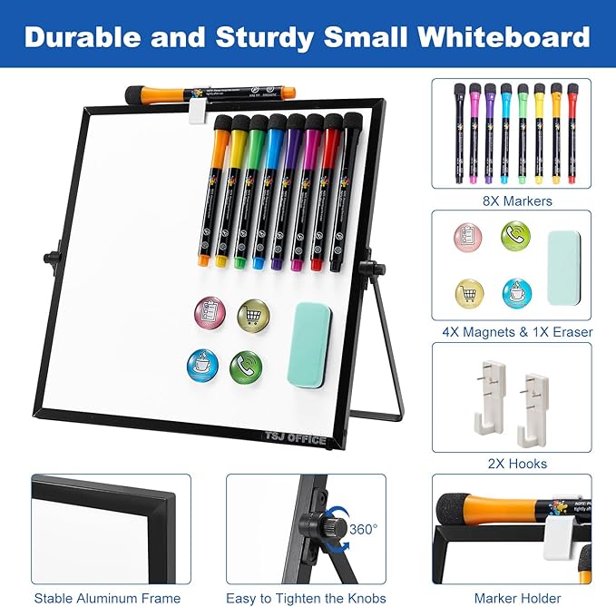 TSJ OFFICE Small White Board - 12 X 12 Inches Small Magnetic Dry Erase Board with Hooks for Wall, Desktop Whiteboard Stand 360 Degrees Revolving Double Sided for Office, Home, School, Black