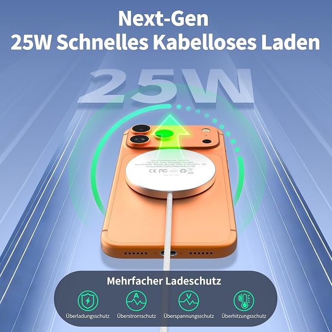 25W Wireless Charger for MagSafe Ultra-Thin Magnetic Wireless Charger [Only for iPhone 17/16/15/14/13/12/AirPods] with Fast Charging Strong Magnetic Heat-Control Design 1.2m Braided Cable