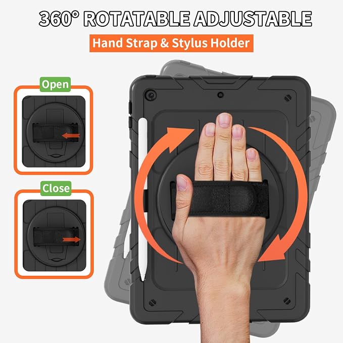 Case for iPad 9th/8th/7th Generation10.2 Shockproof 360 Rotating Stand Shoulder Hand Strap with Pencil Holder for iPad 10.2 inch 2021/2020/2019 Case (Black)
