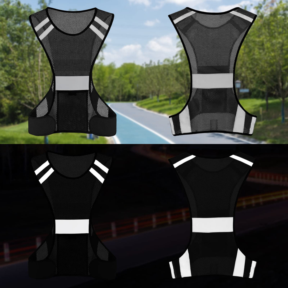 TCCFCCT Reflective Safety Running Vest for Men Women Running Gear for Walking at Night, 3 Pack Mesh Black, One Size