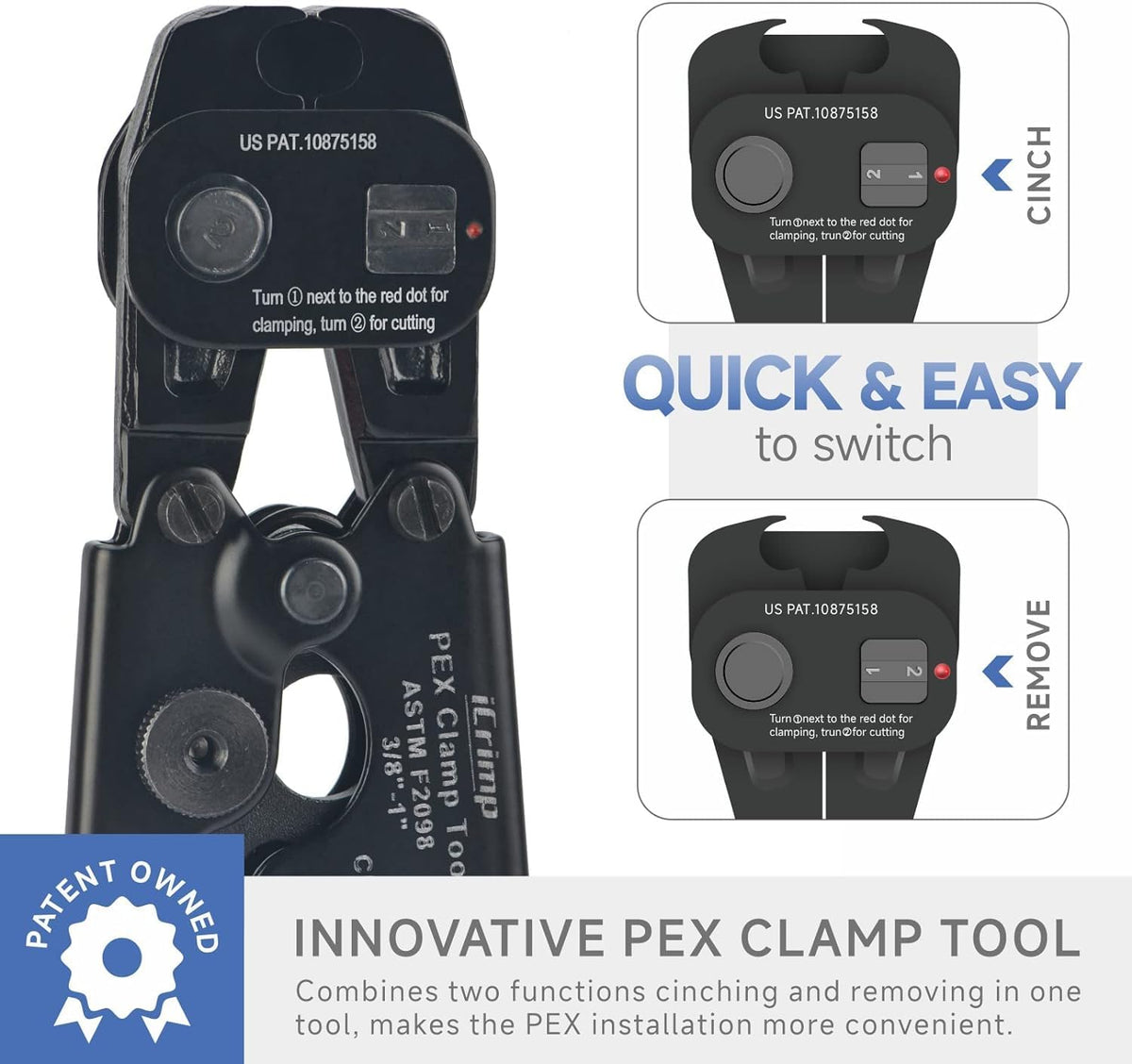 iCrimp Ratchet PEX Cinch Tool with Removing Function for 3/8-in, 1/2-in, 3/4-in, 1-in Stainless Steel Clamp, PEX Crimper with 20PCS 1/2-in, 10PCS 3/4-in PEX Clamps and Pipe Cutter- All in One