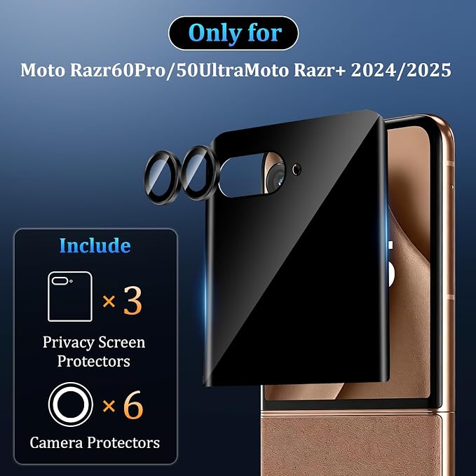 3+3 Pack for Motorola Razr+ 2024/2025 Front Privacy Screen Protector + Camera Protector3D Curved Full Cover Tempered Glass[Anti-Spy] Bubble Free Screen Protector for Razr 60 Pro/ 50 Ultra
