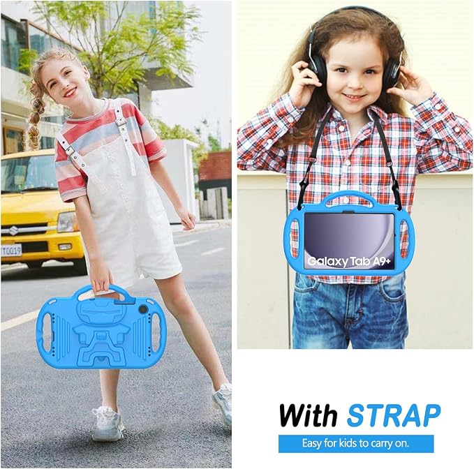 Kids Case for Samsung Galaxy Tab A11+ Plus/A9+ Plus 11 Inch Case with Strap Shockproof Lightweight Handle Stand 2025/2023 Model with Lanyard Black