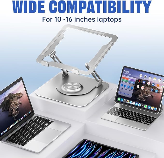 Laptop Stand for Desk, Adjustable Computer Stand with 360° Rotating Base, Ergonomic Laptop Riser for Collaborative Work, Foldable & Portable Laptop Stand, fits for All 10-16" Laptops (Sliver)