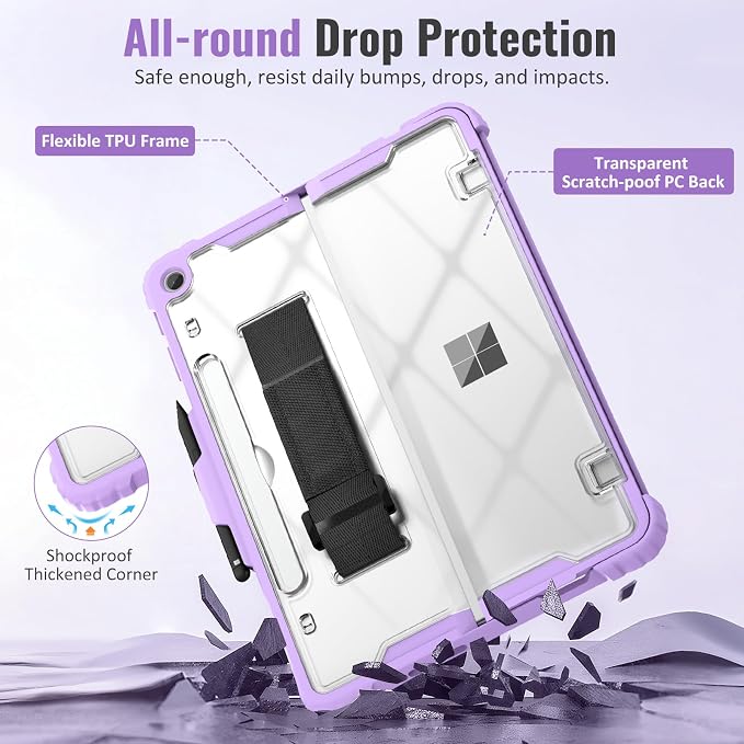 TiMOVO Case for Microsoft Surface Pro 12 Inch 2025 Black | Pen Holder Rugged Clear Back Protective Cover Removable Hand Strap Compatible with Type Cover Keyboard