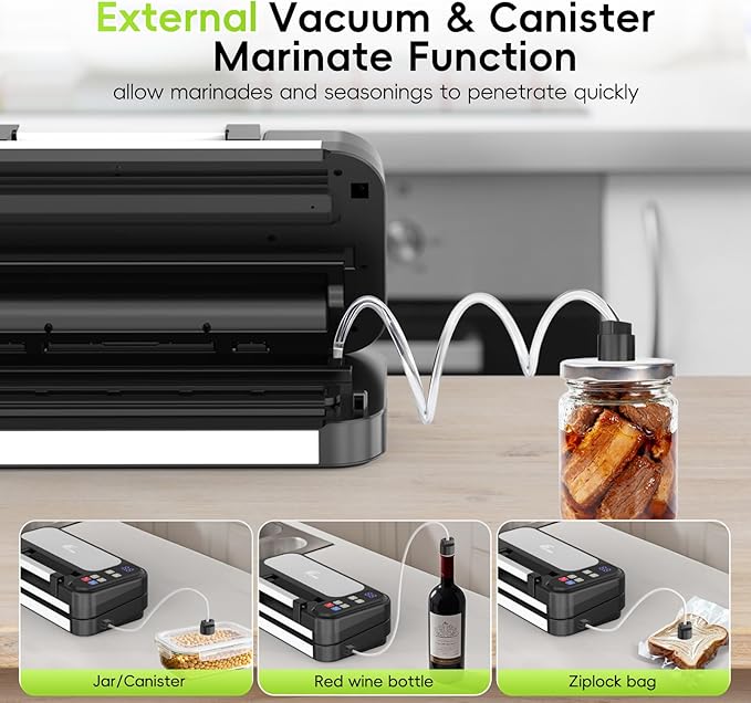 95kpa Vacuum Sealer for Food, 125W Food Saver Vacuum Sealer Machine, 10-in-1 Compact Meat Vacuum Packing Machine with Bags Storage, Built-in Cutter, Easy-Lock Handle, Ideal for Home and Commercial Use