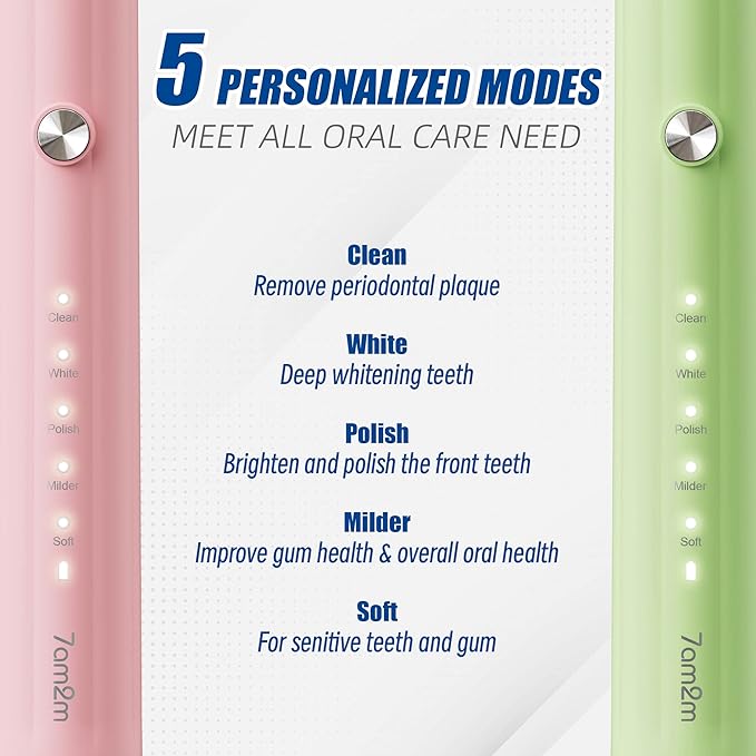 7AM2M Rechargeable Sonic Electric Toothbrush 2 Pack, Soft Toothbrushes for Adults and Kids with 12 Brush Heads, IPX7 One Charge Use for 90 Days, 5 Modes with 2 Minutes Build in Smart Timer