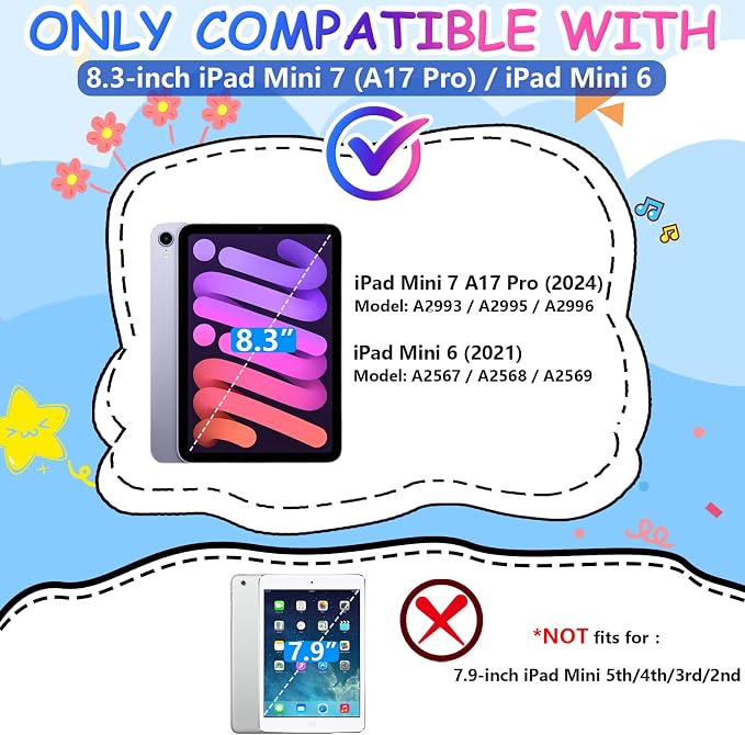 Kids Case for iPad mini 7(A17 Pro) 2024/iPad Mini 6 2021 8.3 Inch with Built-in Pencil Holder/Anti-Slip Handle/Foldable Stand Shockproof Protective iPad mini 7th/6th Generation Case 8.3 Inch