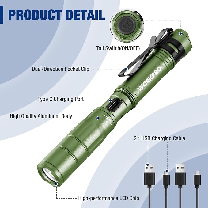 WORKPRO Rechargeable Pen Light 2 Pack Ultra-Compact EDC Flashlight Black | Mini Flashlight Pocket Flashlight with Clip Memory Function and 2 x USB C Cable Included