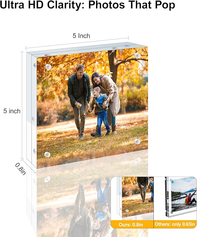 3 Pack 5x5 Acrylic Picture Frames - 20% Thicker Double Sided Magnetic Frame with UV Protection - Freestanding Clear Frameless Display for Tabletops - Modern Photo Frame Set for Home & Office Decor