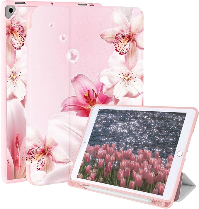 Case for iPad 9th/ 8th/ 7th Generation Case 10.2&amp10.5 Inch (2021/2020/2019 Release) Slim Lightweight Soft Trifold Back Cover with Pencil Holder &amp Auto Sleep/Wake Cover Cherries Cheetah Bows