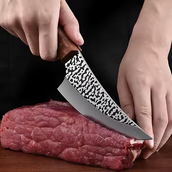 BrightQuill 7-Inch Viking-Style Hand Forged Chef Knife with Sheath & Sharpener –Curved Stainless Steel Blade, Hammered Finish, Ergonomic Wooden Handle –Butcher Boning Knife for Meat,BBQ & Outdoor Use