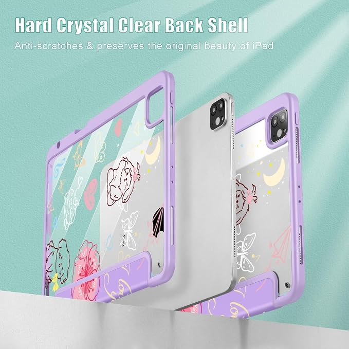 May Chen Case for iPad 12.9 Inch (6th/5th/4th/3rd Generation 2022/2021/2020/2018) Pencel Holder + Trifold Support Auto Sleep/Wake Transparent Shockproof Back Cover Blue Bows