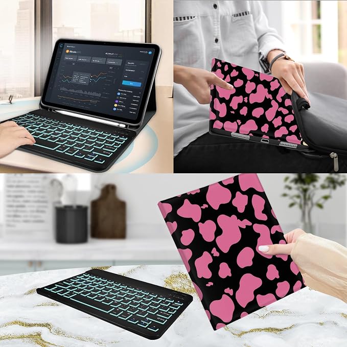 for Bluetooth Keyboard for iPad 10th Gen 10.9 inch (2022) case (A16) 11th / 10th Gen Case 11'' (2025) with 7-Color Backlights Pencil Holder Detachable Rechargeable - Black Cow