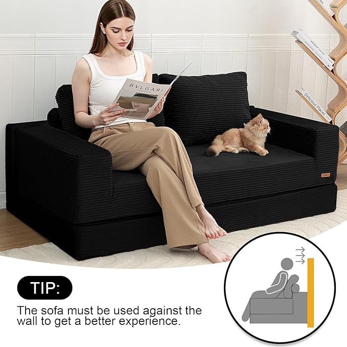 COMAX Convertible Sofa Bed Queen, Corduroy Folding Floor Couch Pull Out Couch Bed Futon Sleeper with Pillows, Fold Out Boneless Sofa Comfy Lounge Mattress Loveseat for Living Room Bedroom, Black