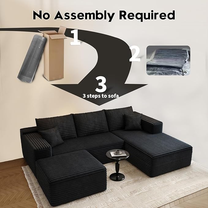 107.5" Cloud Modular Sectional Sofa with 1 Ottoman,Modern Minimalist Upholstered Couches, Comfort U Shaped Sofa for Living Room,Deep Seat Corner Couch，No Assembly Required (Black,Right Facing Chaise)
