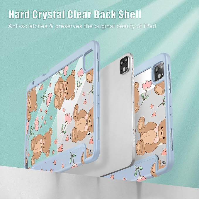 May Chen Case for iPad 12.9 Inch (6th/5th/4th/3rd Generation 2022/2021/2020/2018) Pencel Holder + Trifold Support Auto Sleep/Wake Transparent Shockproof Back Cover Blue Bows