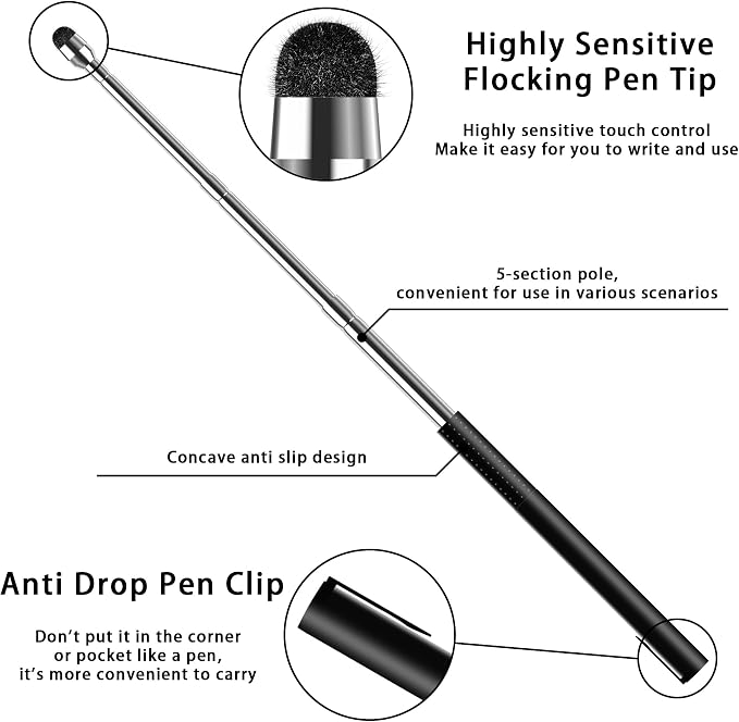 Universal Telescopic Stylus Pen for Touch Screens Retractable Pointer Stick Stylus with Special Flocking Tip Pointers for Classroom Pointer Finger Stick Anti Slip Pen Clip Black