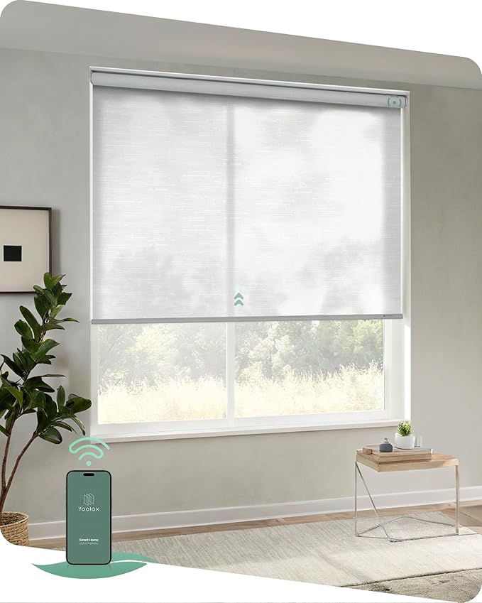 Yoolax Motorized Blinds App Control, Light Filtering Motorized Shades for Windows, Cordless Automatic Roller Shades for Bedroom Living Room Office(Light Filtering Jacquard White, 26" W x 72" H)