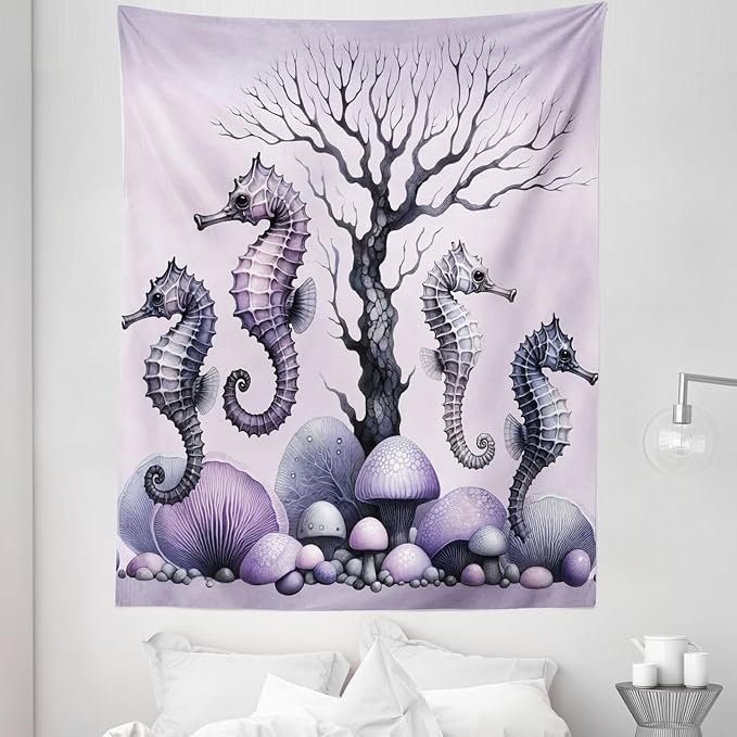 Ambesonne Purple Tapestry Twin Size, Dried Tree with Mushrooms in Lilac Color Palette and Huge Seahorse Prints, Wall Hanging Bedspread Bed Cover Wall Decor, 68" X 88", Mauve and Lavender