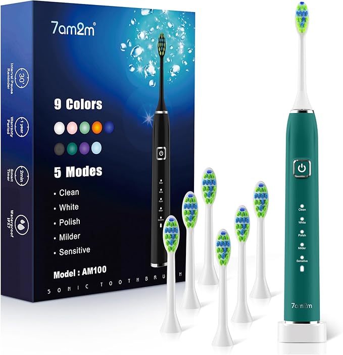7AM2M Sonic Electric Toothbrush with 6 Brush Heads for Adults&Kids, One Charge for 120 Days, Wireless Fast Charge, 5 Modes, 40000VPM Powered Toothbrush, 2 Minutes Built in Smart Timer - Peacock Green