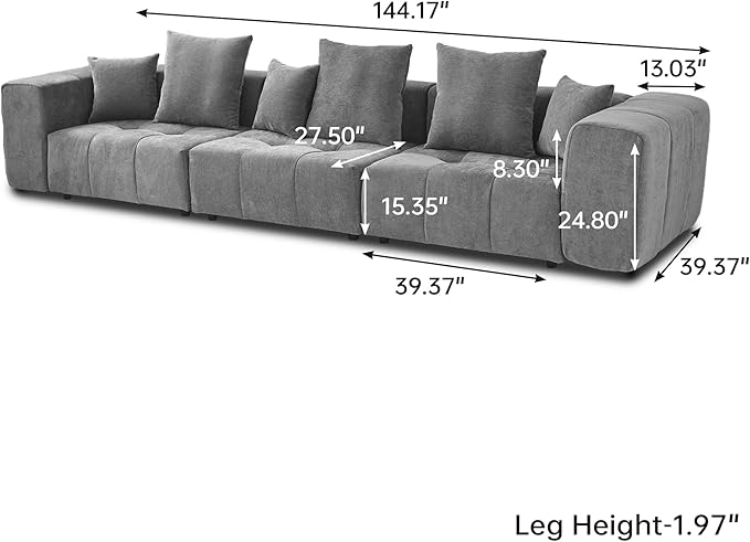 JACH 144 Inch Modular Sofa, Mid Century Modern Extra Deep Corner Seat Couch, 3-Seater Sofas for Living Room, Sectional Couches, Cozy Sofa for Apartment, Living Room (Linen Fabric, Grey)