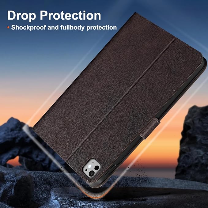 Gexmil Leather Case for iPad Pro 13 Inch M5/M4 2025/2024Crocodile Brown | Genuine Leather Cover with Magnetic ClosureSmart Folio Auto Sleep/WakeProtective ShockproofAdjustable Stand