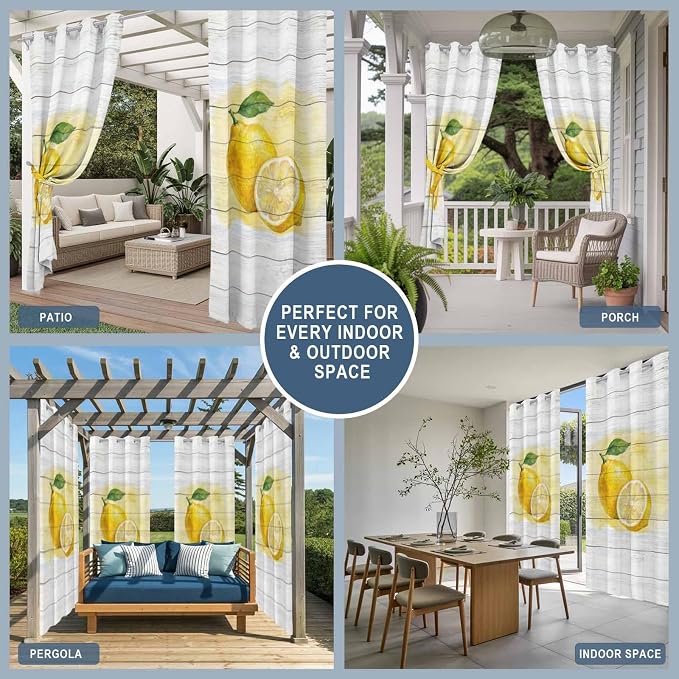 Lemons Yellow Summer Fruit Vintage Wood Outdoor Curtains