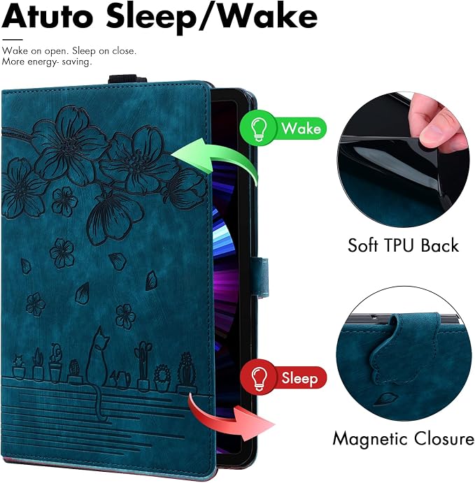 Dteck Case for Samsung Galaxy Tab S9 FE+ Plus 5G Tablet Case 12.4 2023 with Pencil HolderPU Leather Embossed Flower Cat Folio Multi-Angle Viewing Stand Shockproof Protective Tablet 12.4 CoverBlue