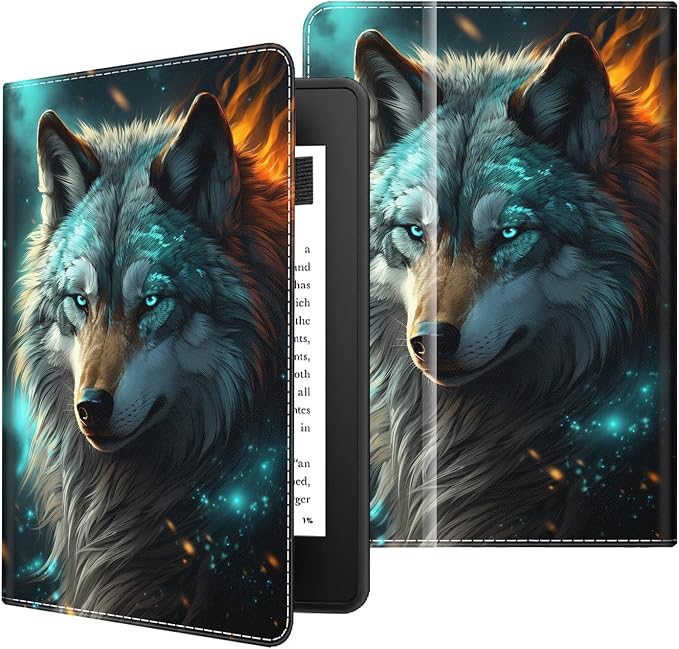 Case for 7 All-New Kindle Paperwhite 12th Gen 2024 &amp Kindle Colorsoft Signature Edition (2024 Release) PU Leather Folio Cover with Auto Wake/Sleep ，Wolf in Nebula
